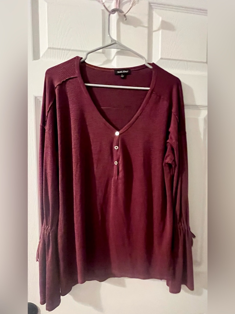 Dear John Burgundy V-Neck Henley Long Sleeve Top